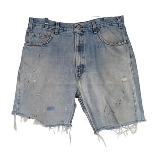 Vintage 2000 Levi's 505 Denim Jean Shorts Cut Off Light Wash Distressed Paint 32